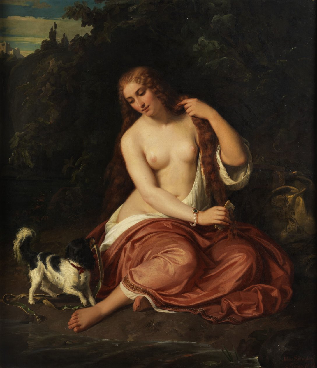 Half-Nude of a Young Girl with Dog by Julius Schrader