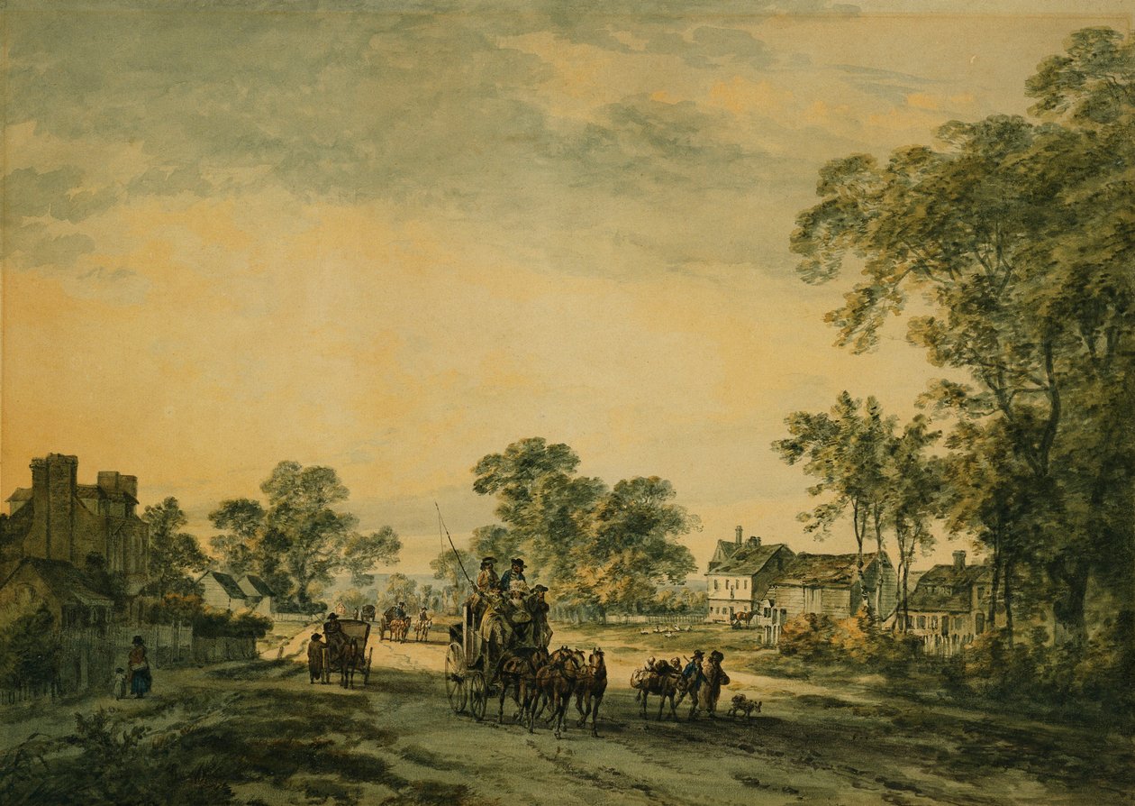 A Coach and Figures on an Open Country Road by Julius Caesar Ibbetson