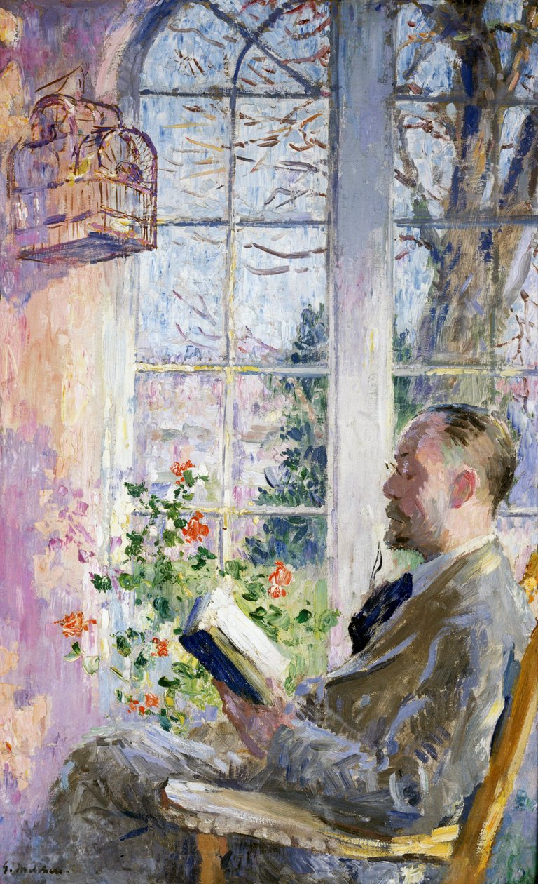 In the Veranda. A Man Reading a Book, a Cage with a Bird is Hanging. Painting by Julius Gari Melchers (1860-1932) by Julius Gari Melchers