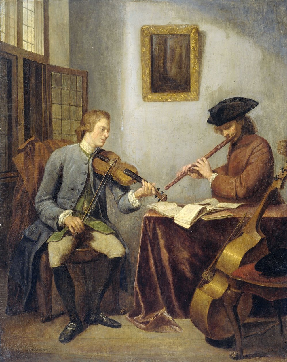 The Musicians, a Violinist and a Flutist Making Music Together by Julius Henricus Quinkhard