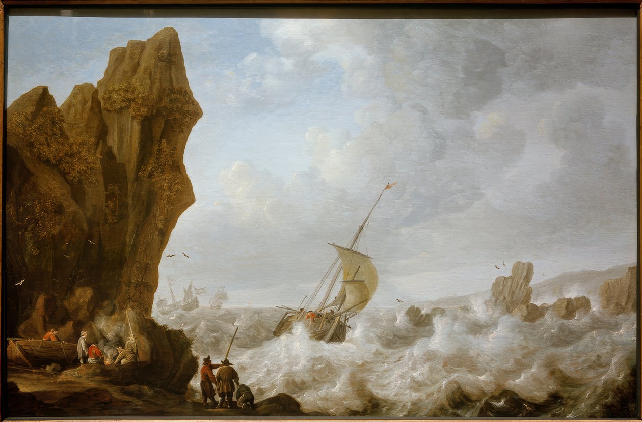 Fishing Boat in Stormy Sea off a Rocky Coast by Julius Porcellis