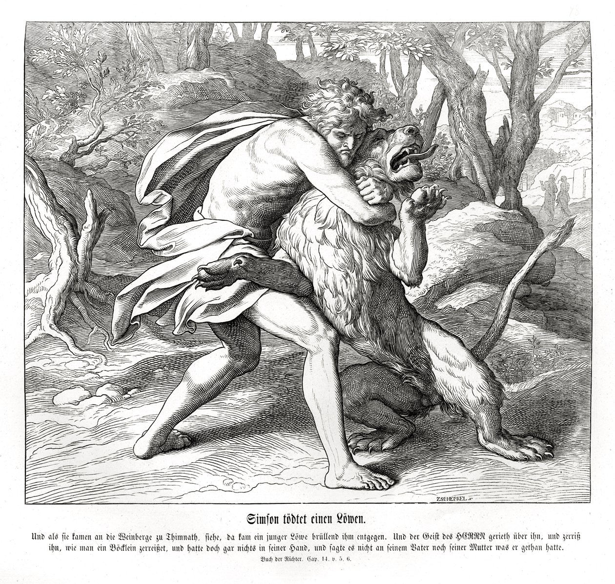 Samson kills a lion, Judges by Julius Schnorr von Carolsfeld