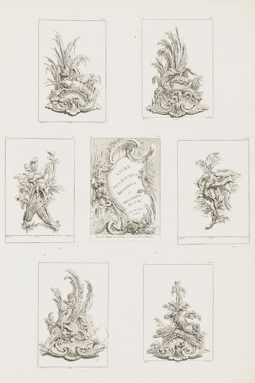 Ornament Design with Crayfish Motif, pl. 14 in Livre des Légumes (Series of Vegetable Ornament) by Juste Aurèle Meissonnier