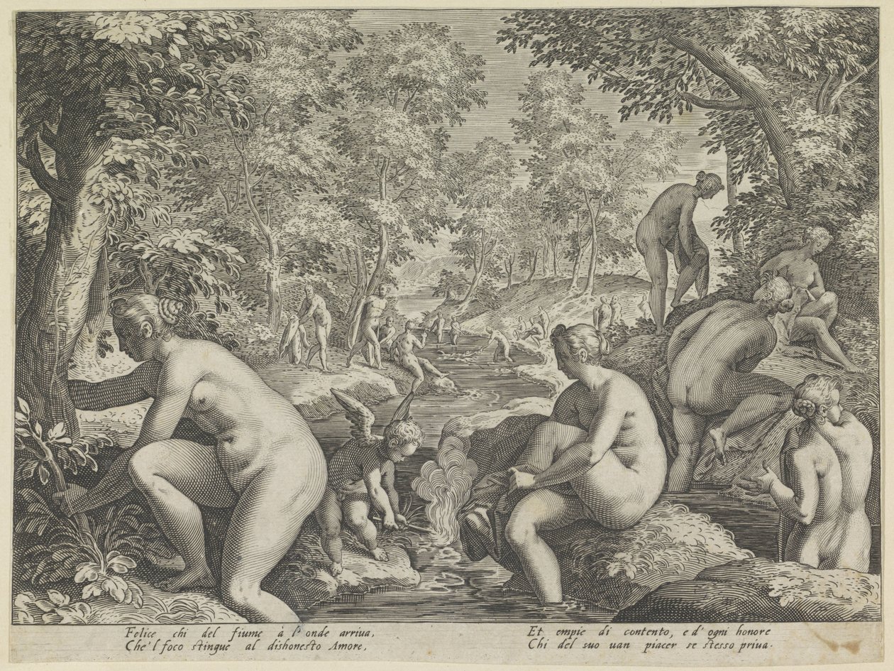 Bathing Women and Men, Amore Letheo, Various Aspects of Love (series title) by Justus Sadeler (attributed to)