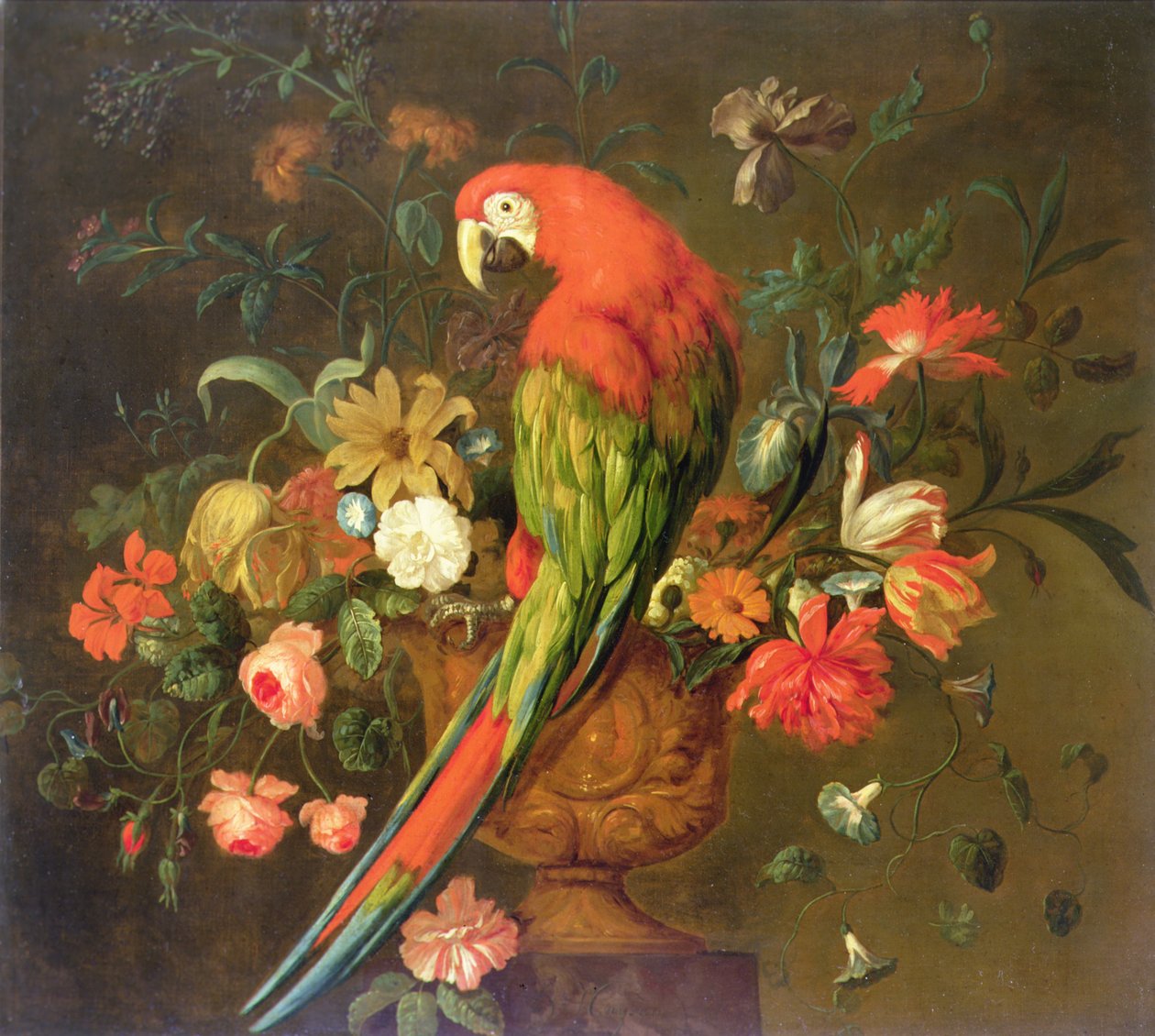 Scarlet Macaw Perched on a Sculpted Urn with Flowers by Justus van Huysum