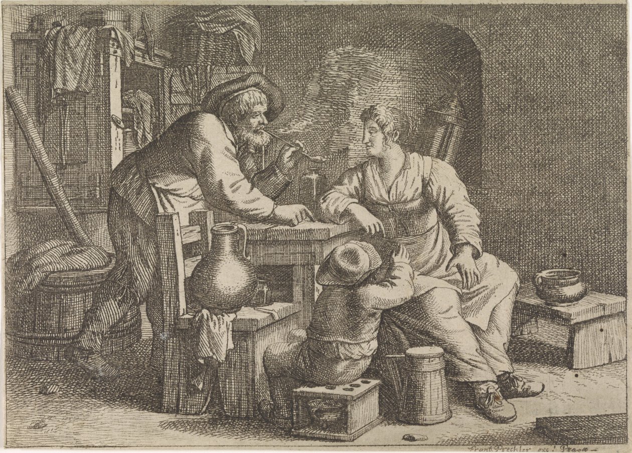 Interior with a Smoking Farmer, a Woman, and a Boy by Justus van den Nijpoort