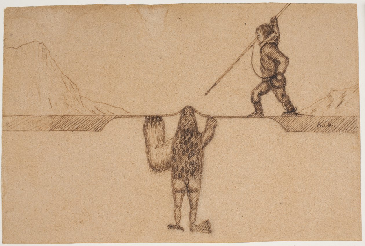 Motif from an East Greenlandic Legend (A Hunter Raises His Harpoon Against a Sea Creature, Tupilak, Half Seal Half Human with a Bear Paw and Bird Claw) by Kaarale Andreassen