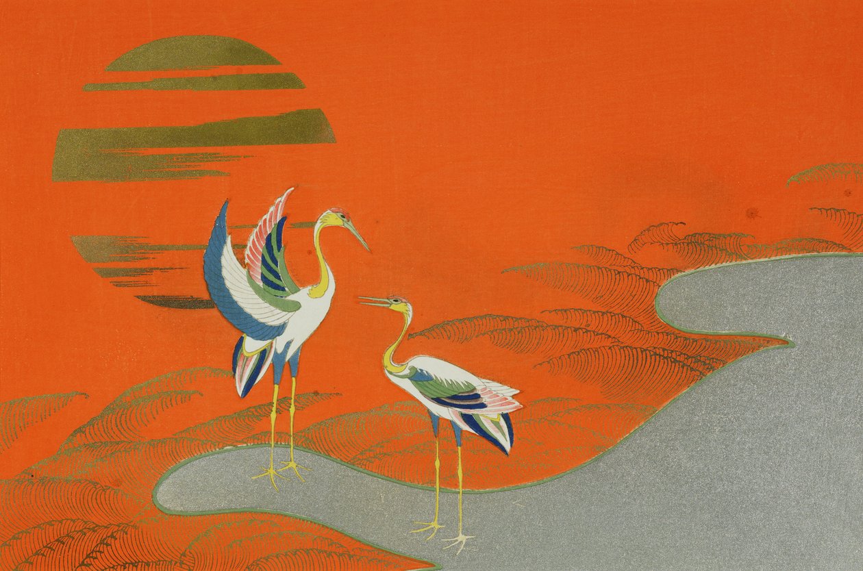 Birds at sunset on the lake by Kamisaka Sekka