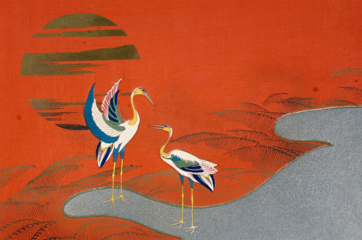 Birds at Sunset on Lake by Kamisaka Sekka