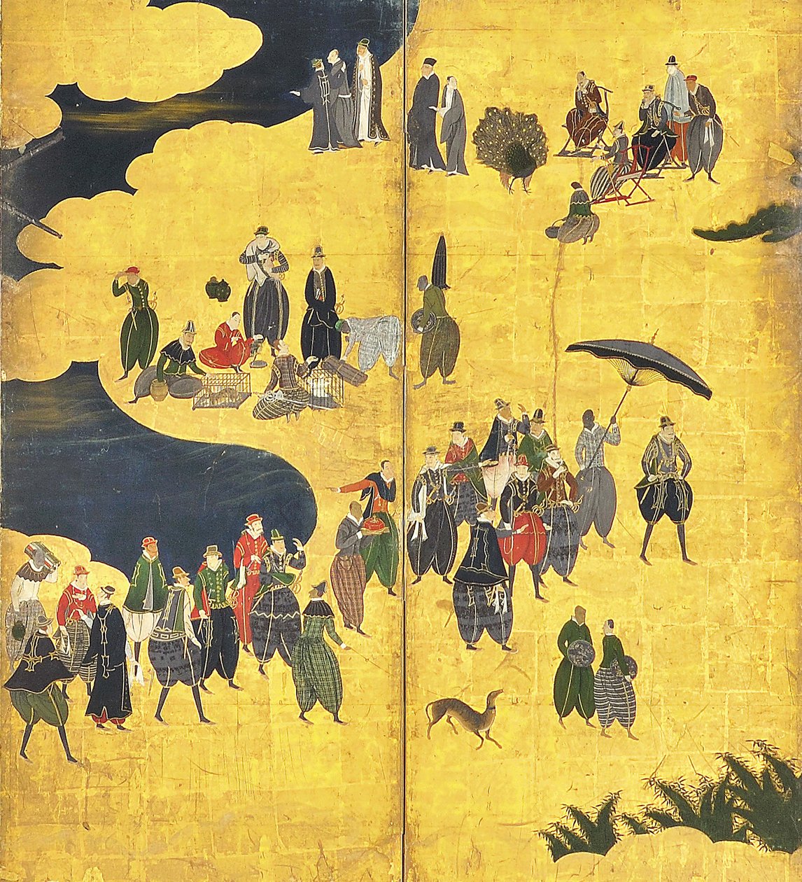 (Detail) The Southern Barbarians Come to Trade, Pair of Six-Panel Screens, Early 17th Century by Kano Naizen