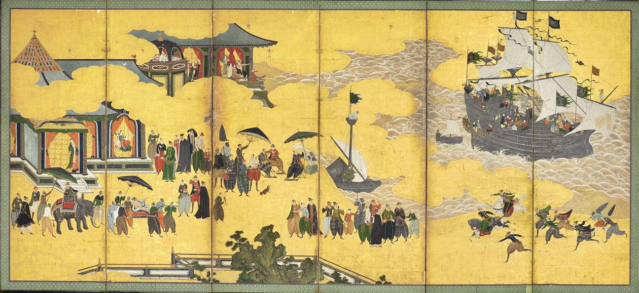 Southern Barbarians Come to Trade, pair of six-panel screens by Kano Naizen