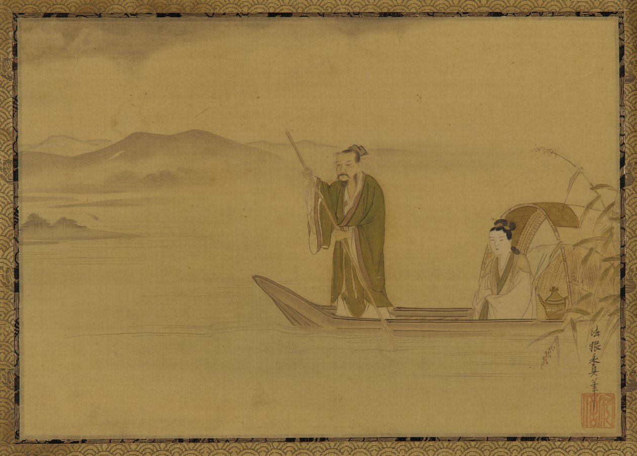 Chinese man and woman in a boat, Edo period by Kano Yasunobu