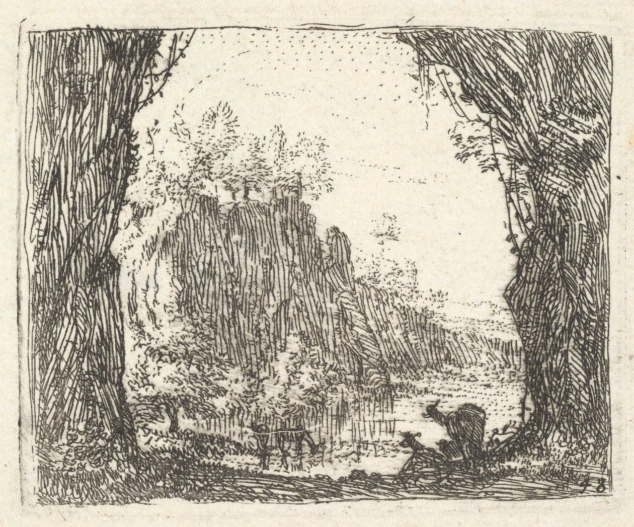 Landscape Flanked by Trees with Silhouettes of Two Goats by Karel Du Jardin