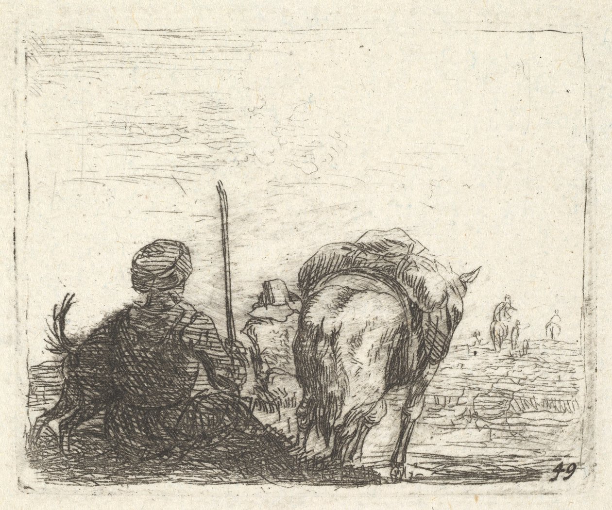 Pack-horse, seated man with staff in right hand, and dog, all viewed from the rear by Karel Du Jardin