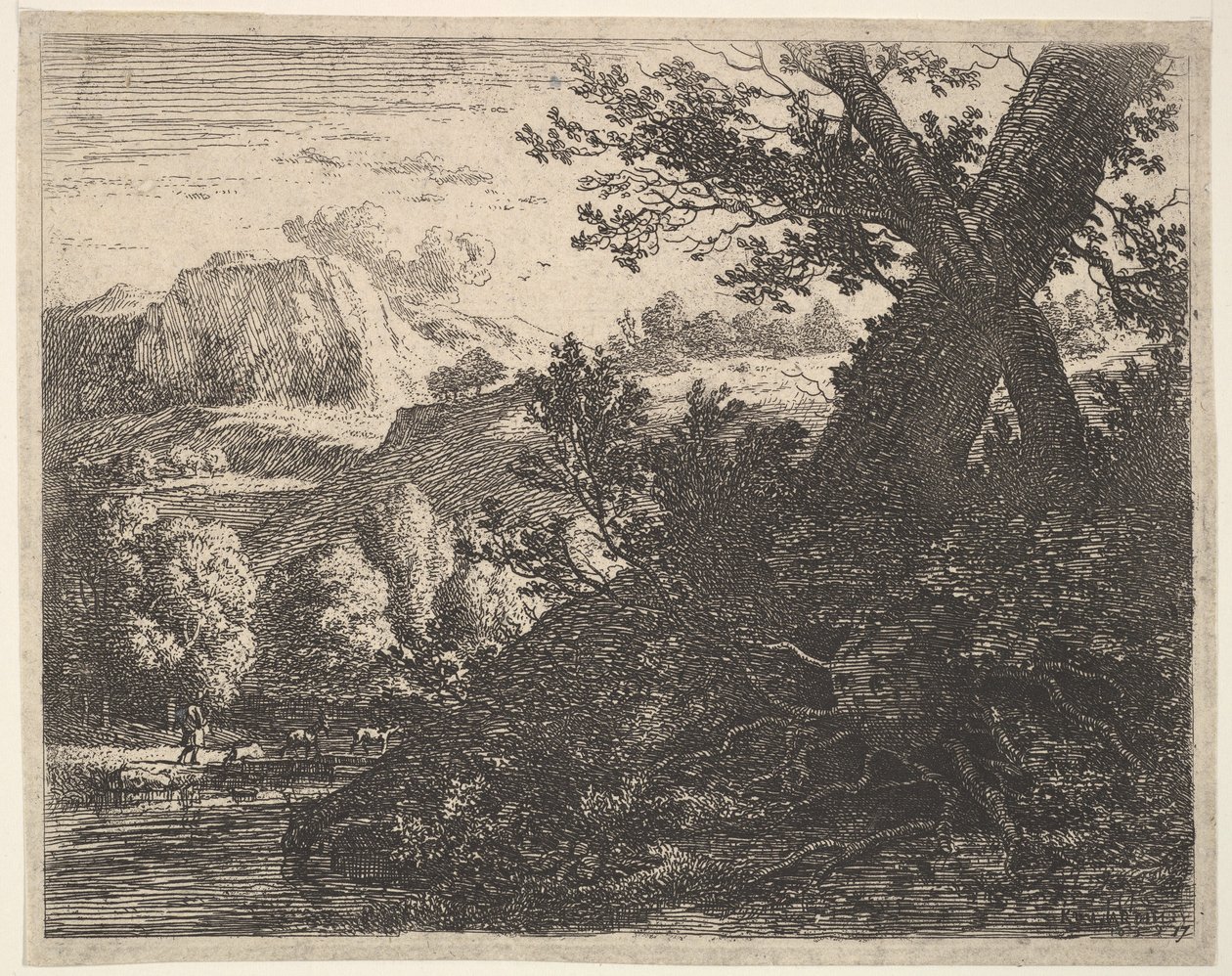 Tree with roots laid bare alongside a stream, a hilly landscape and a man walking behind, 1659 by Karel Du Jardin