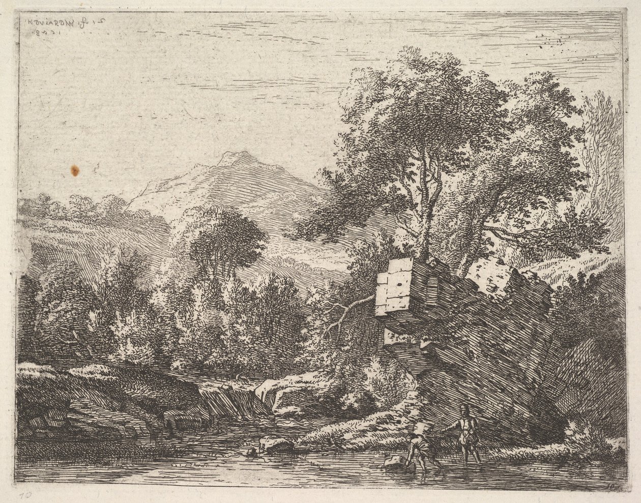 Two men standing ankle-deep in a body of water with a rocky outcrop behind them by Karel Du Jardin