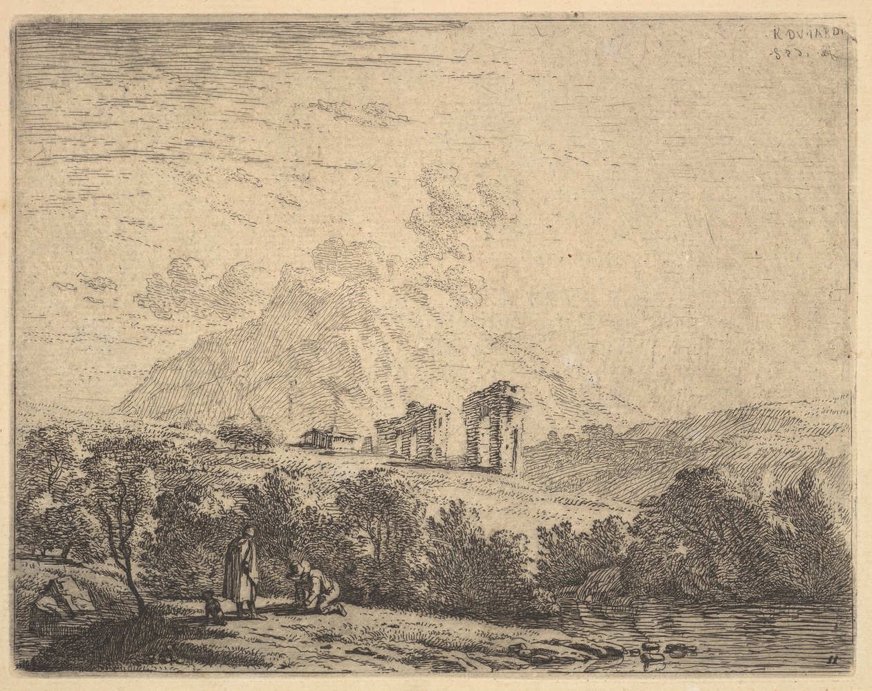 View of hillside with ruins an aqueduct and mountain crag beyond, in the foreground a man, 1658 by Karel Du Jardin