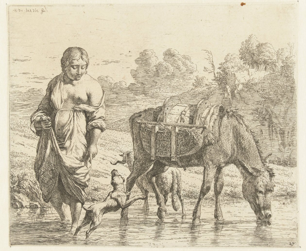 Woman and Donkey Standing in Shallow Water, a Dog Jumping at Her Feet by Karel Du Jardin
