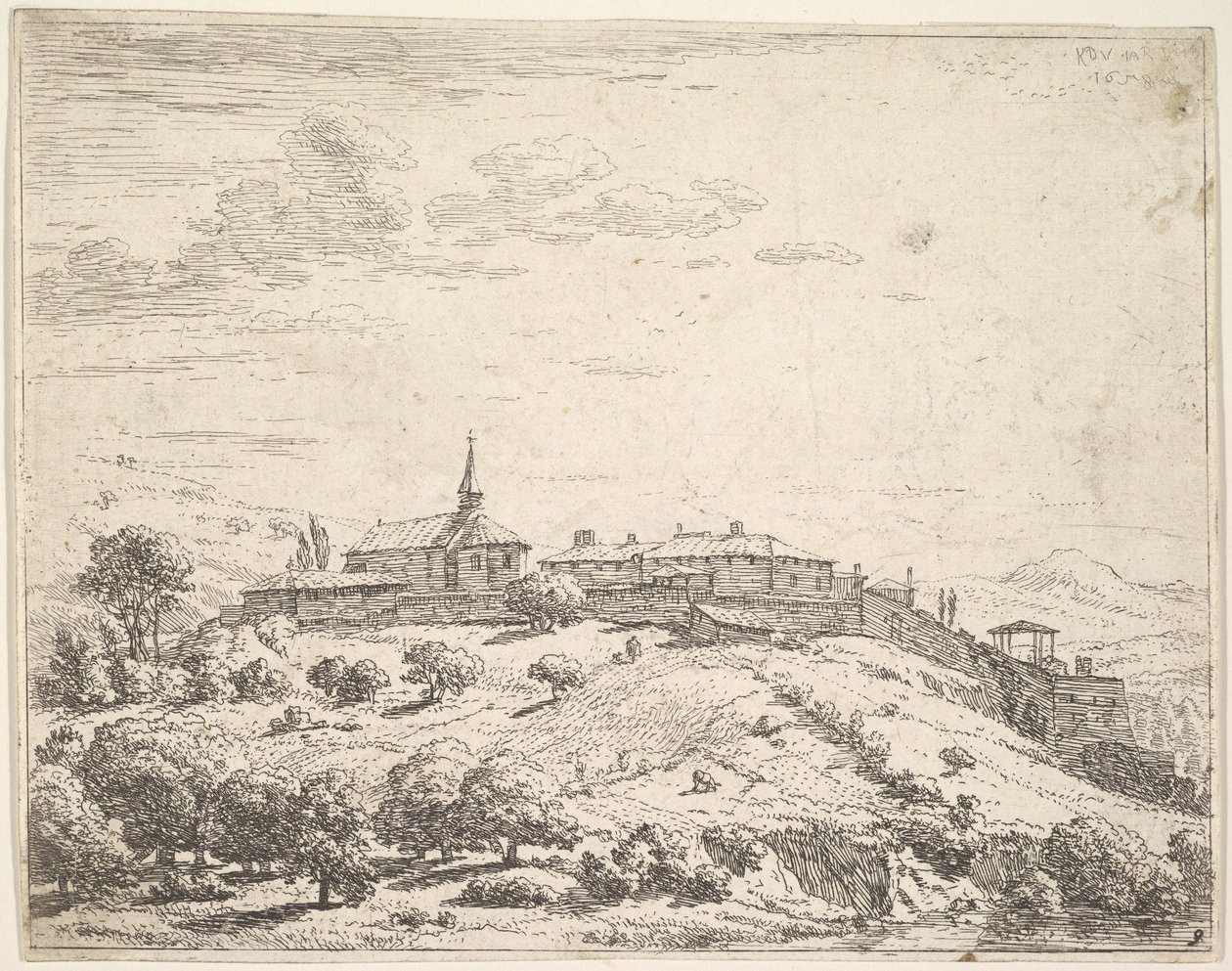 Walled village on a hill, with church at left and buildings constructed on the downslope by Karel Du Jardin