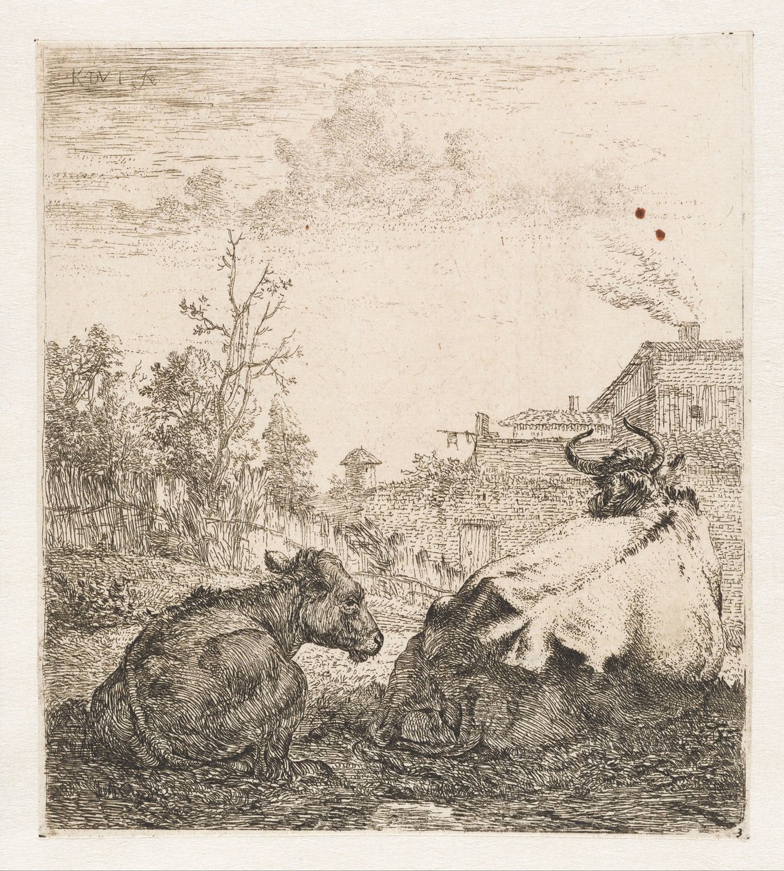 Lying cow with calf (series title: Animals) by Karel du Jardin (signed by artist)