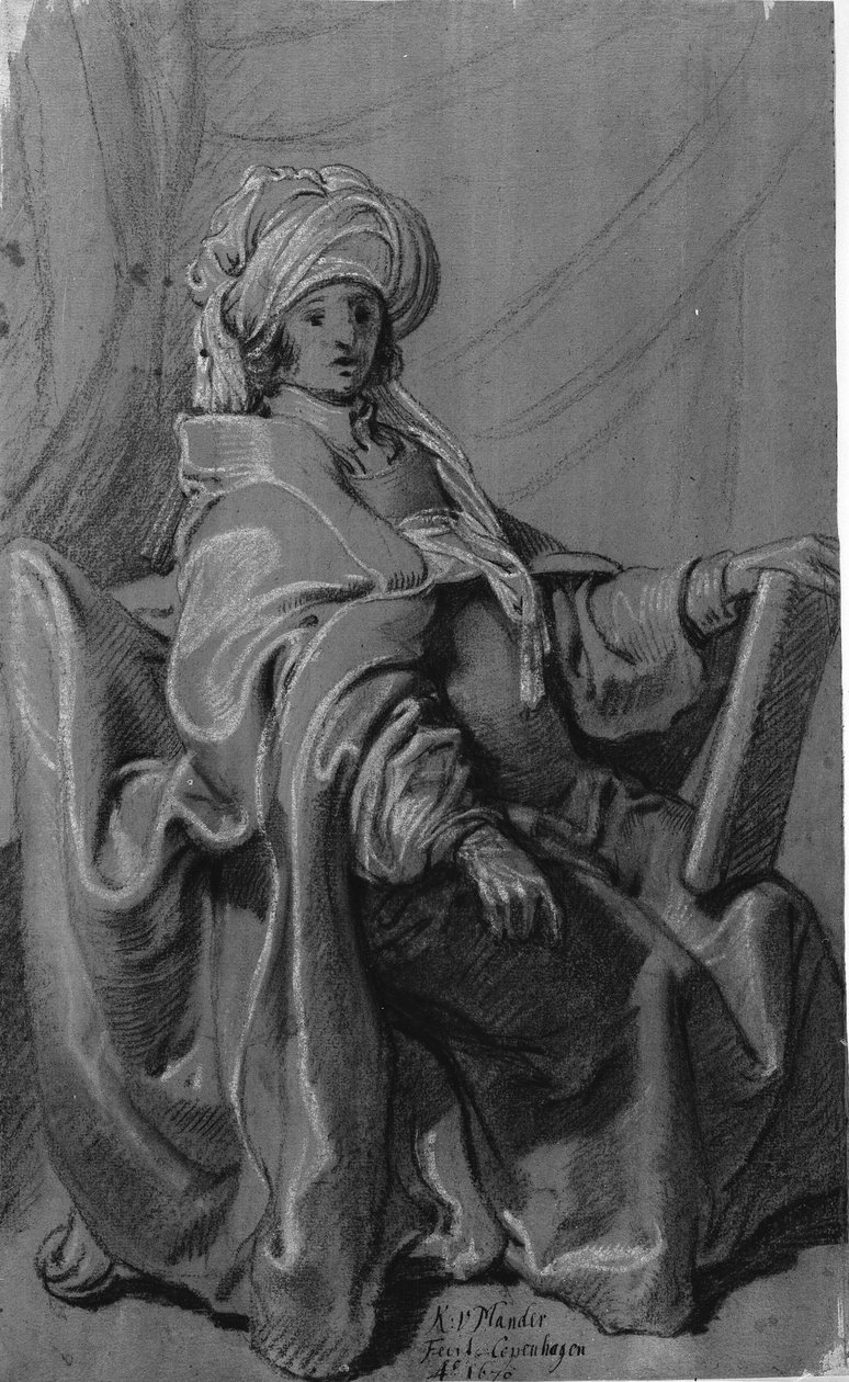 Seated Figure in a Robe and Turban, Holding a Book. Facing Right by Karel van III Mander