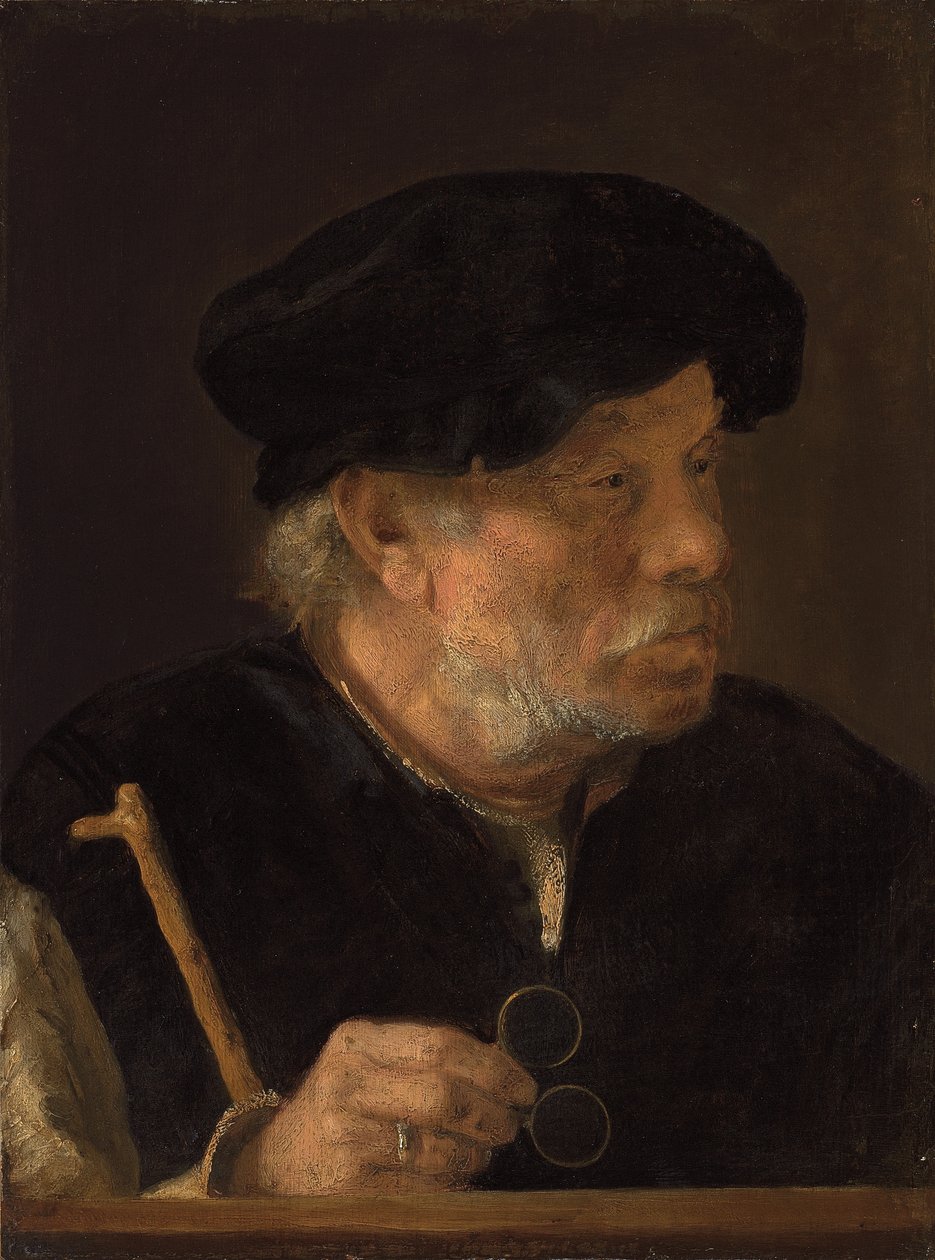 A Man, Bust-Length, Holding a Cane and His Spectacles, by a Wooden Ledge by Karel van der Pluym