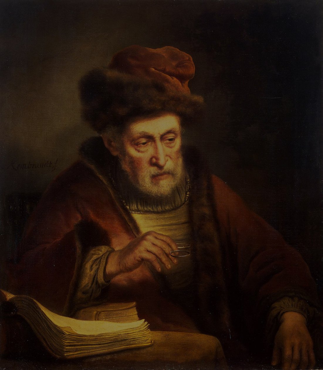 Old Man Holding a Pair of Spectacles by Karel van der Pluym