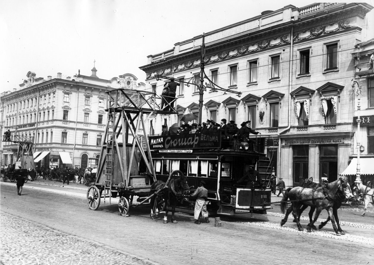 Wooden scaffolding cart used for street tram wire repairs, St Petersburg, 1908 by Karl Karlovich Bulla