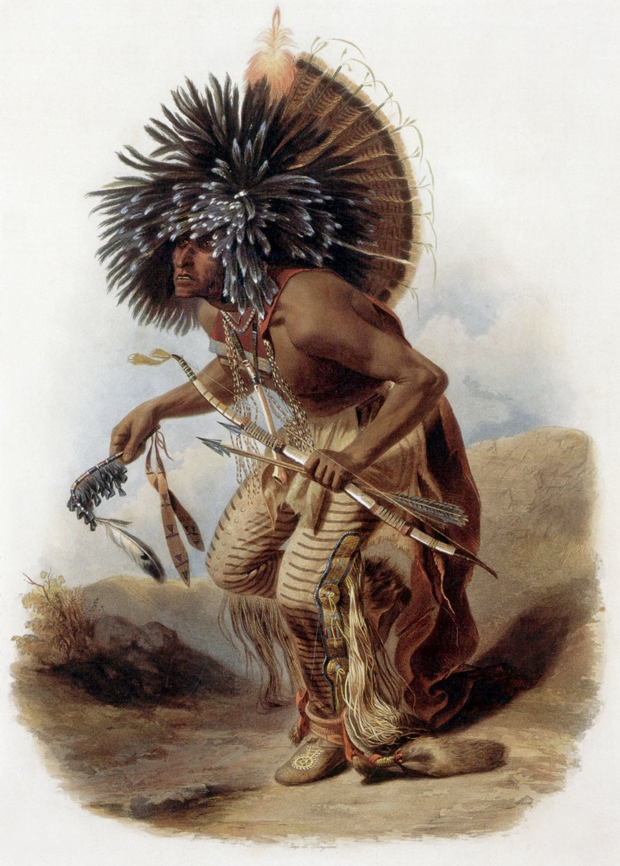 Portrait of Pehriska-Ruhpa, Minatarre warrior in the costume of the dog dance (engraving by Rene Bellet after drawing by Karl Bodmer) by Karl (after) Bodmer
