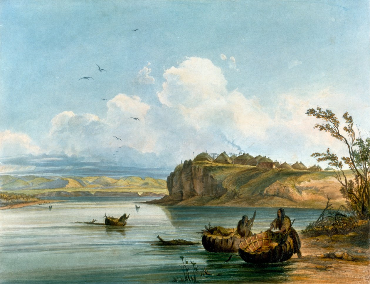 Mandan Native American women crossing Missouri River on boats made of buffalo hide by Karl Bodmer