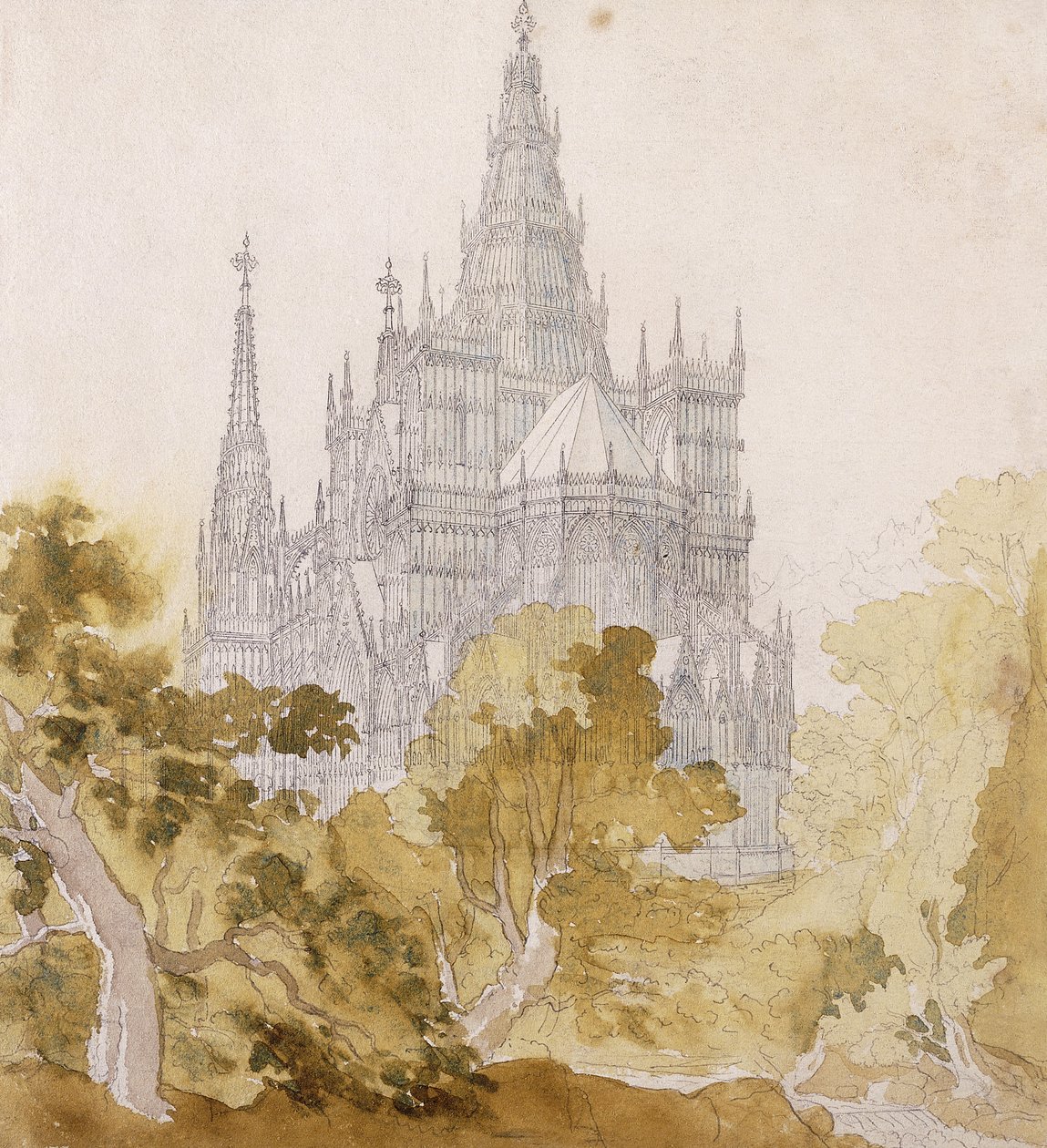 A Gothic Cathedral near Trees by Karl Friedrich Schinkel