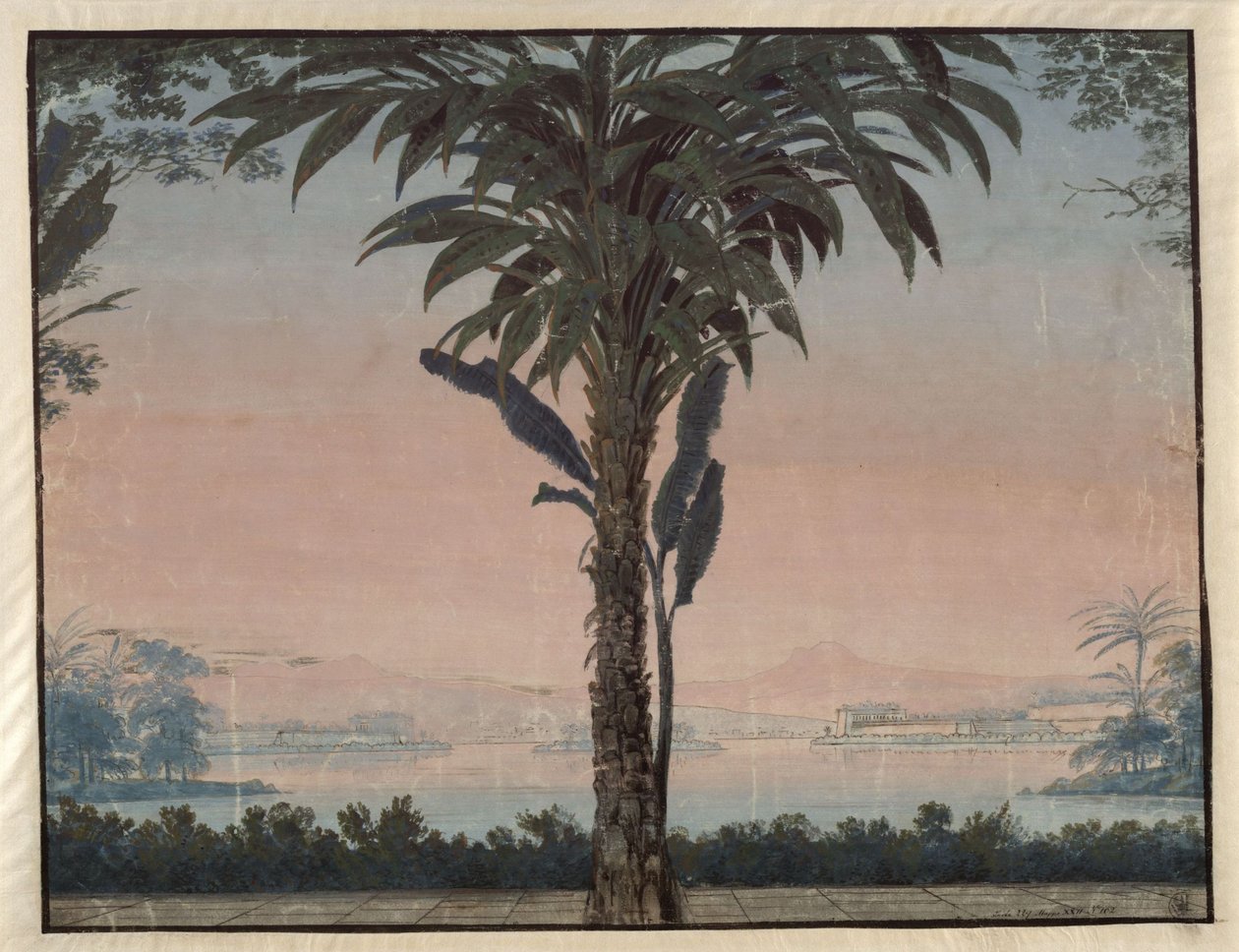 Athalia. Opera by Johann Nepomuk von Poissl. Design for the 4th Decoration. Garden of the High Priest with Large Palm in Front of a Water Surface by Karl Friedrich Schinkel