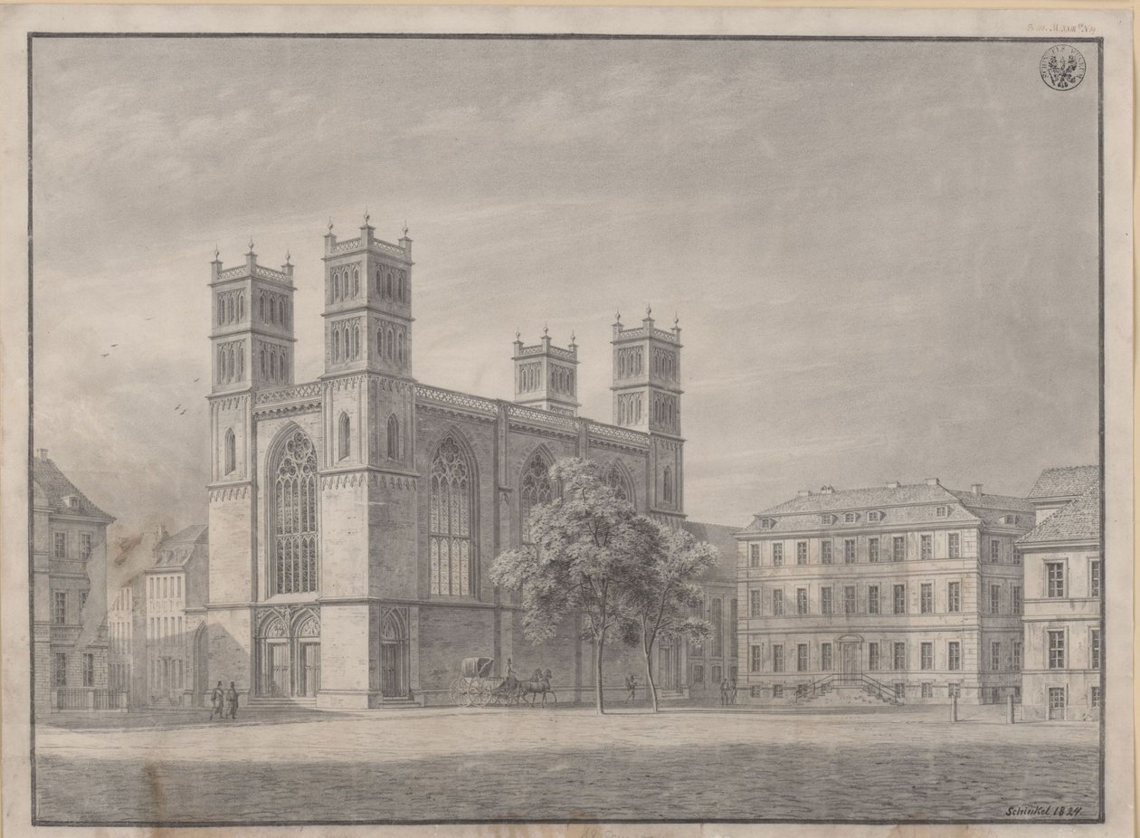 Berlin. Friedrichswerder Church. Perspective View and Variant with Four Corner Towers by Karl Friedrich Schinkel