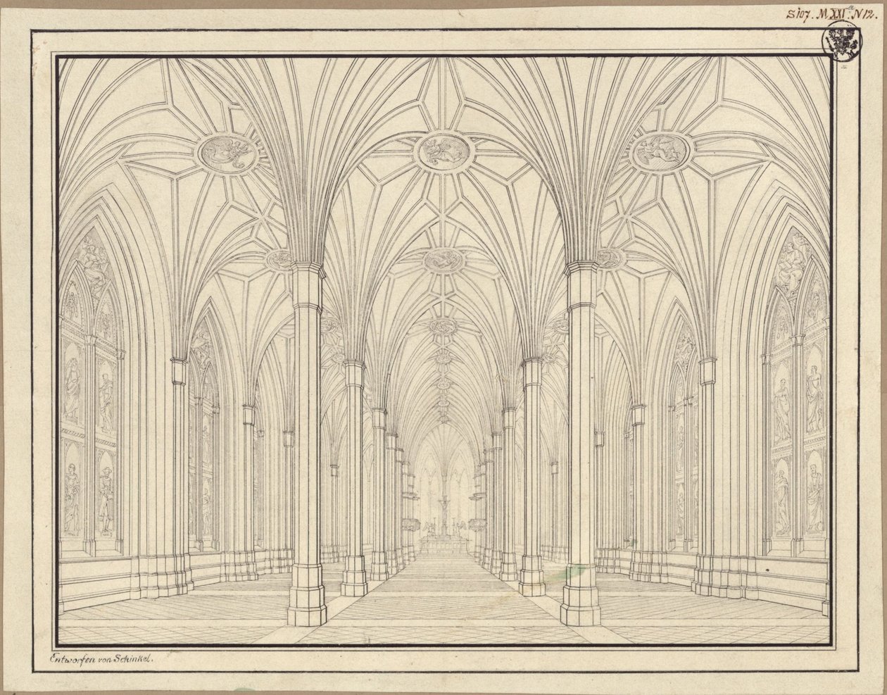 Berlin, Spittelmarkt. Design for Gertraudenkirche. Interior View, Looking through the Nave to the Choir by Karl Friedrich Schinkel