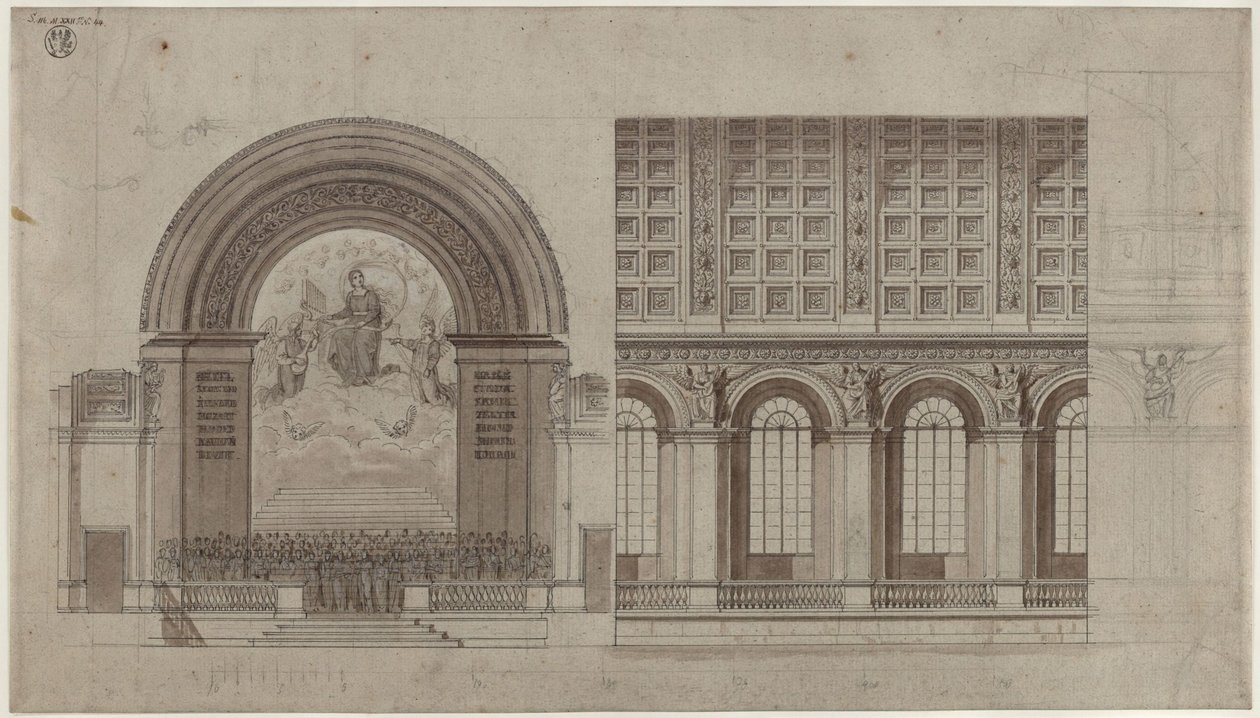 Berlin, Unter den Linden. Design for a Hall for the Singakademie in the Rear Wing of the Academy of Arts. Cross Section and Longitudinal Section by Karl Friedrich Schinkel