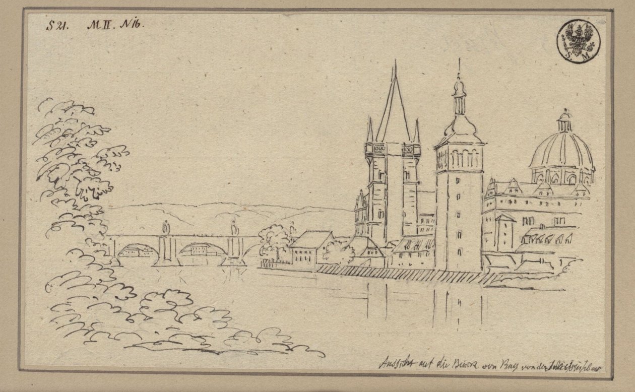 View of the Charles Bridge in Prague with the Old Town Bridge Tower and the Dome of the Church of the Crusaders by Karl Friedrich Schinkel