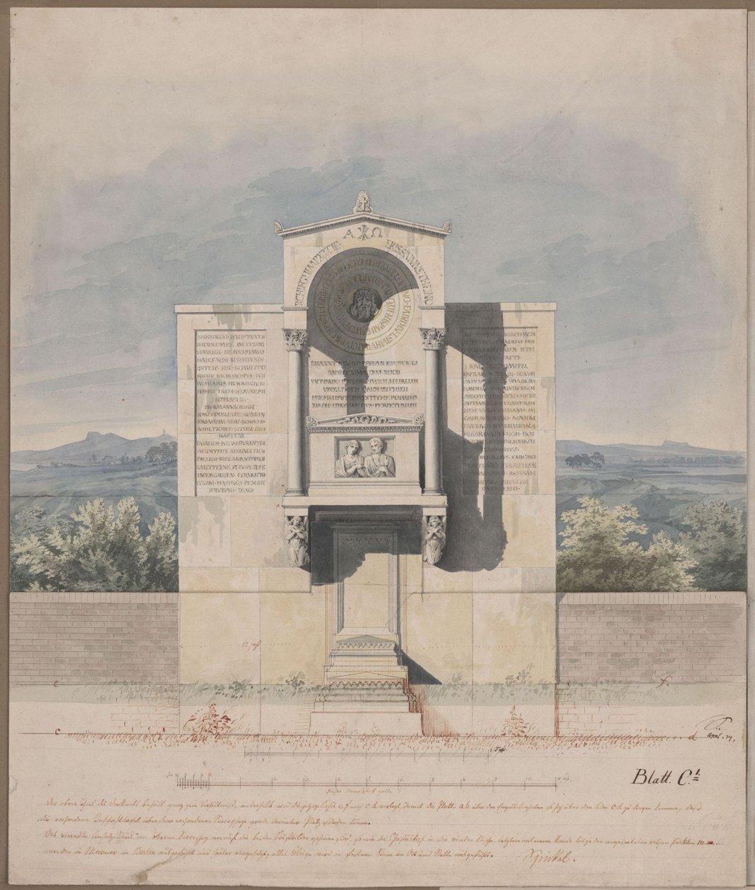 Bonn. Design for the Tomb Monument for Barthold Georg Niebuhr, with the Relief Portrait of the Couple by Karl Friedrich Schinkel