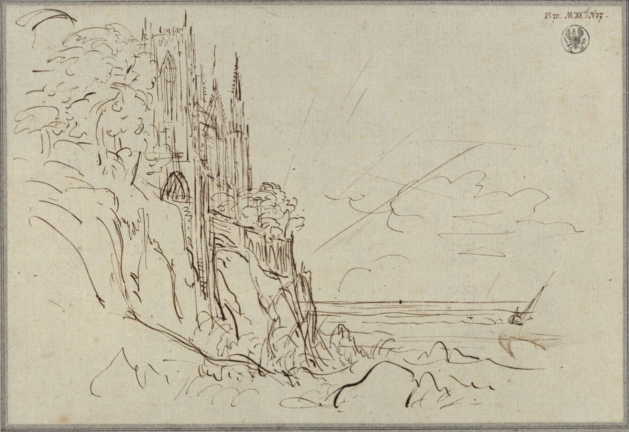 A Gothic Church on a Steep Seacoast at Sunrise by Karl Friedrich Schinkel