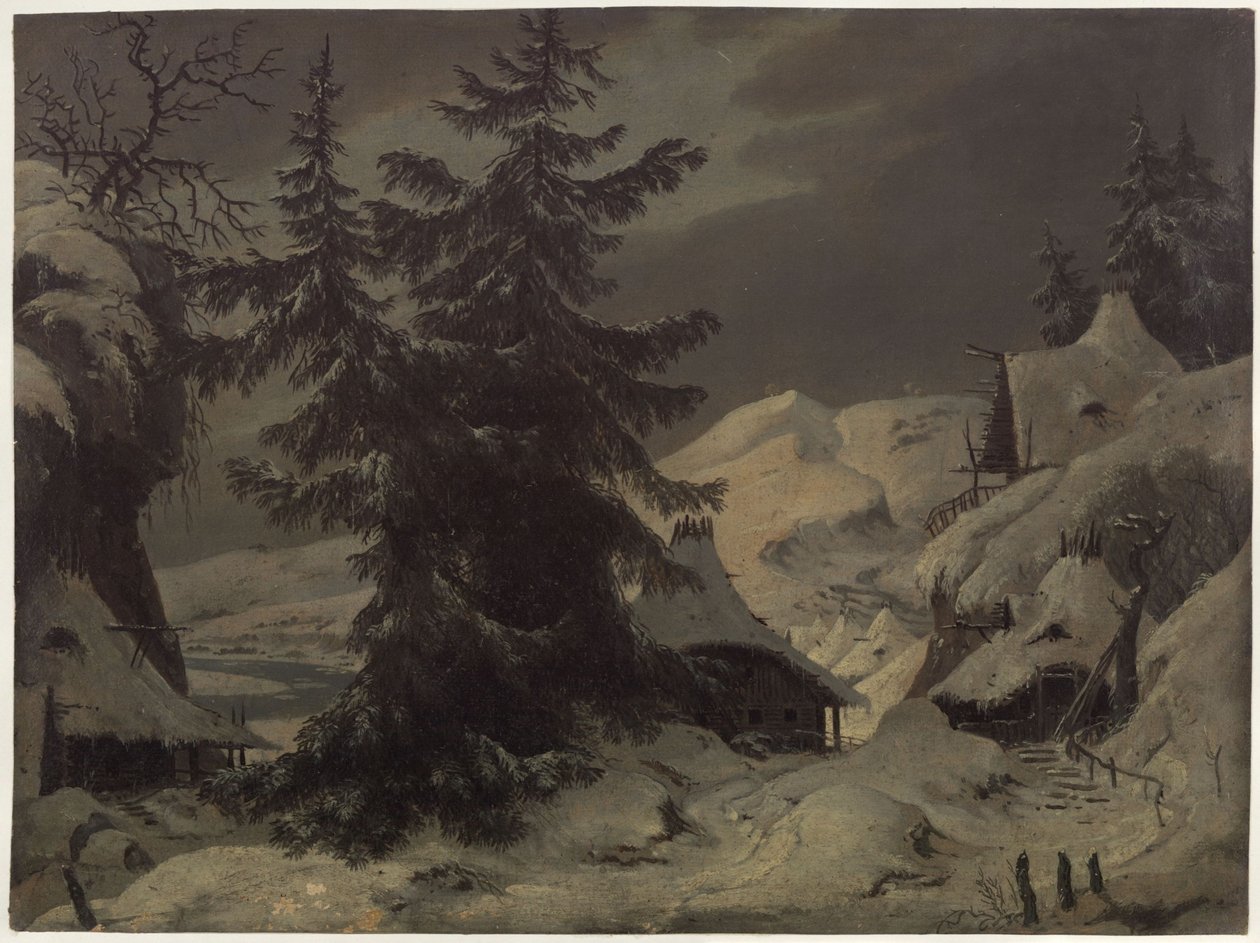 Count Benjowski, or the Conspiracy in Kamchatka. Play by August von Kotzebue. Design for the 2nd Decoration. Village with Snow Landscape by Karl Friedrich Schinkel