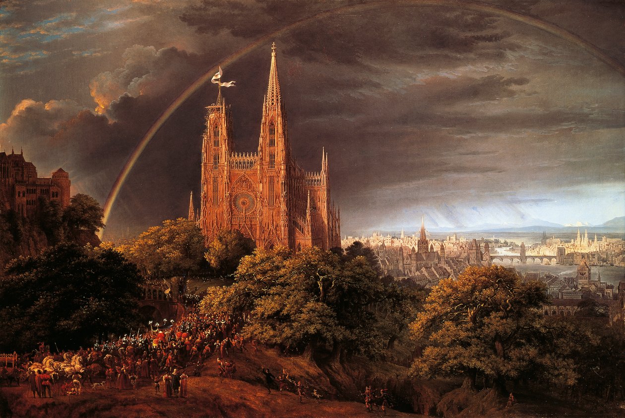 Medieval city on banks of river by Karl Friedrich Schinkel