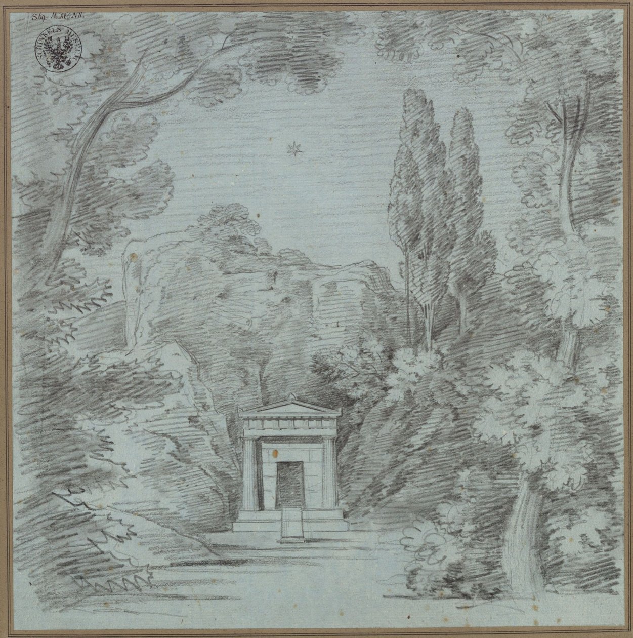 Orpheus and Eurydice. Opera by Christoph Willibald Gluck. Design for the 1st Decoration (?). Design for a Mausoleum on a Rock by Karl Friedrich Schinkel