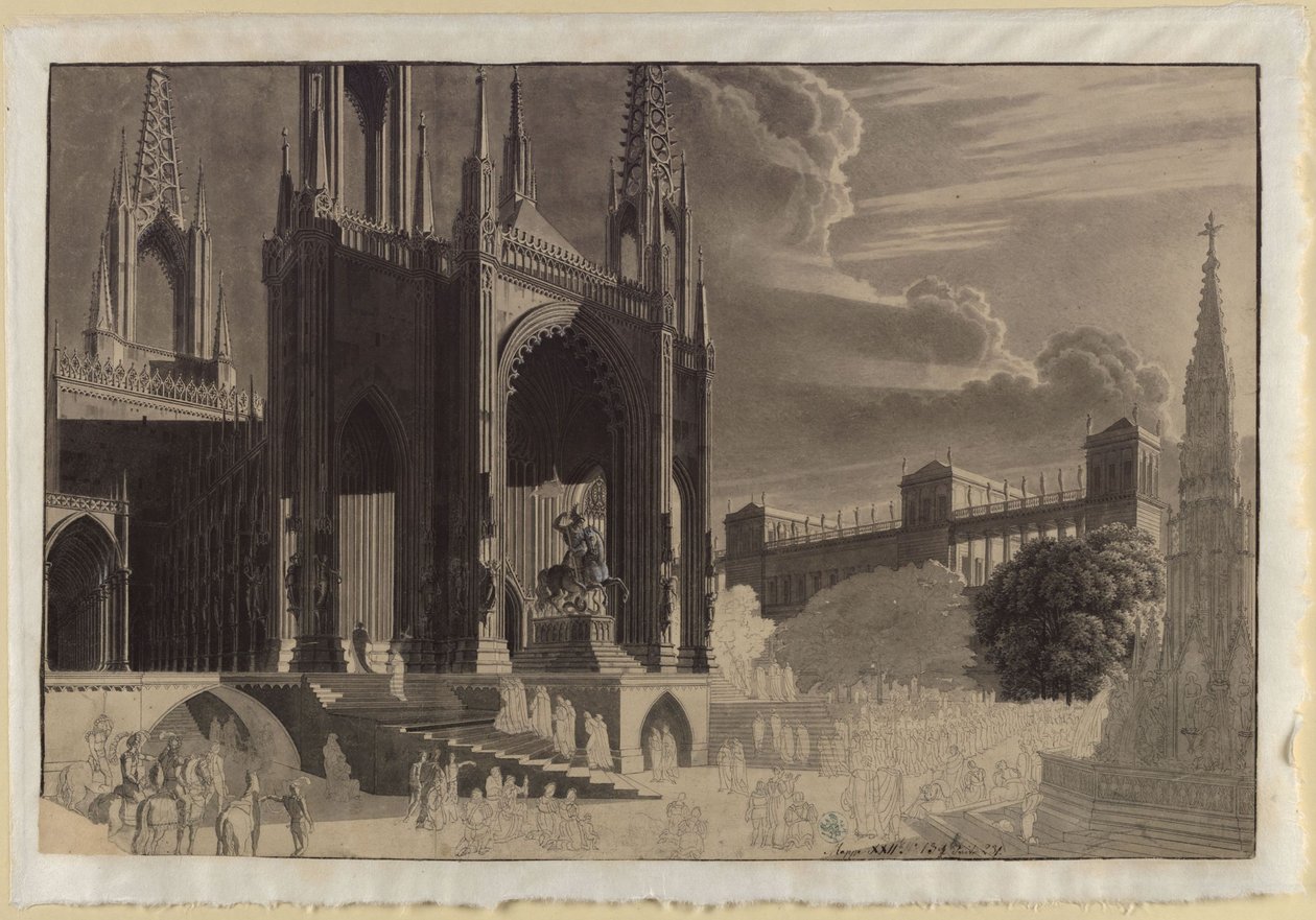 Portal of a Gothic Cathedral with the Equestrian Statue of Saint Michael, Opposite a Fountain and a Palace in the Background by Karl Friedrich Schinkel