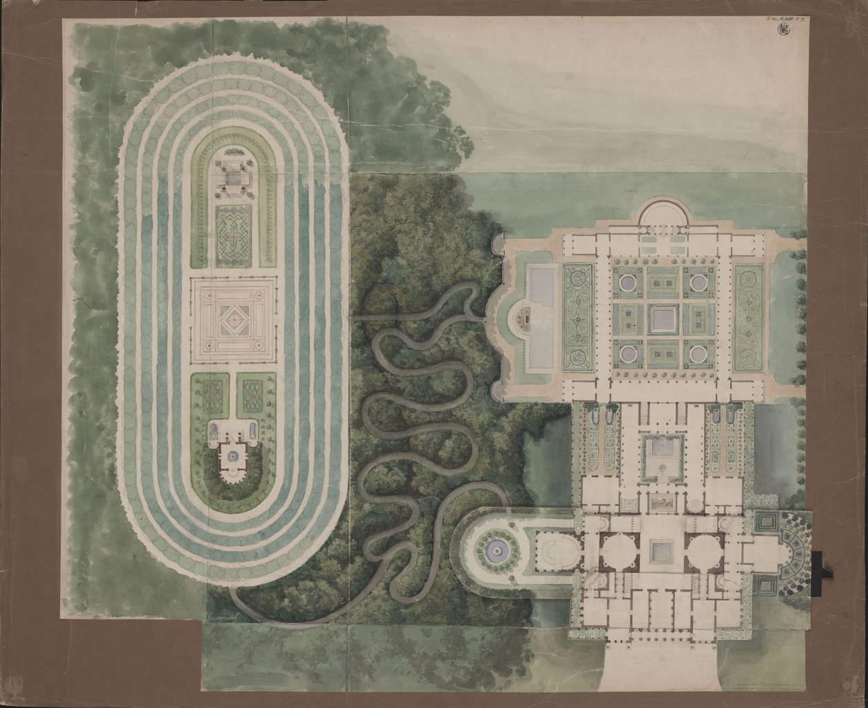 Potsdam-Sanssouci. Antique Country House near Charlottenhof Palace. Site Plan and Floor Plan by Karl Friedrich Schinkel
