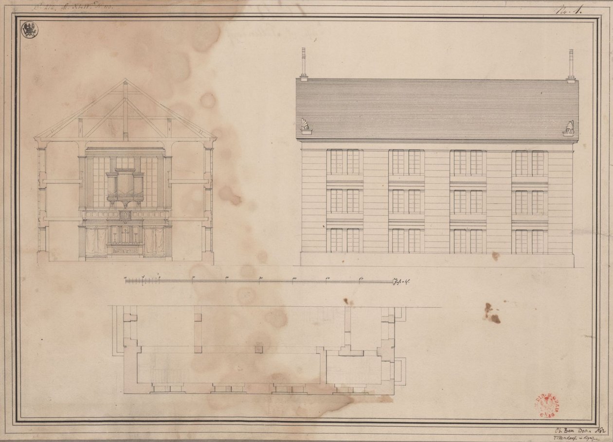 Tillendorf (Bolesławice, Liegnitz District). Design for the Protestant Church. Ground plan, elevation of the side facade and cross-section by Karl Friedrich Schinkel