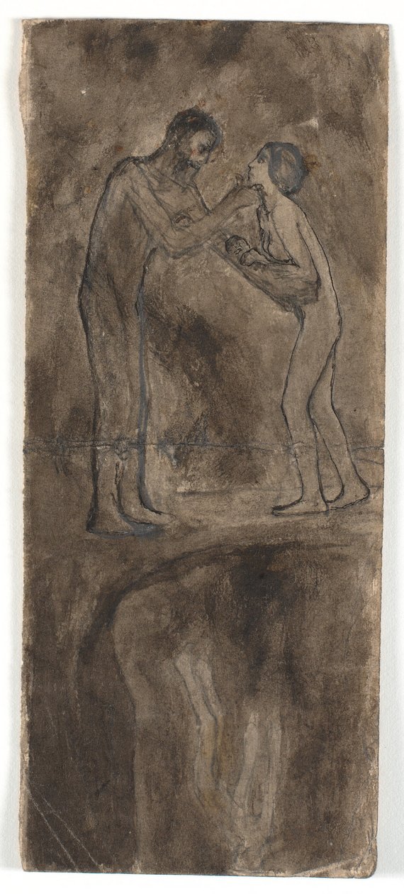 Composition sketch, nude man and woman with child. At the bottom, upside down, nude figure by Karl Isakson