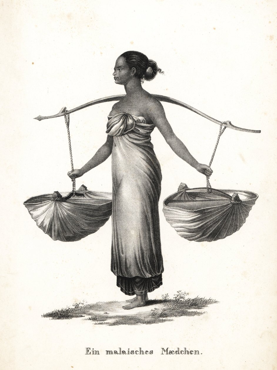 Malay girl with hair tied up carrying sneakers from a yoke. Lithograph from Heinrich Rudolf Schinz