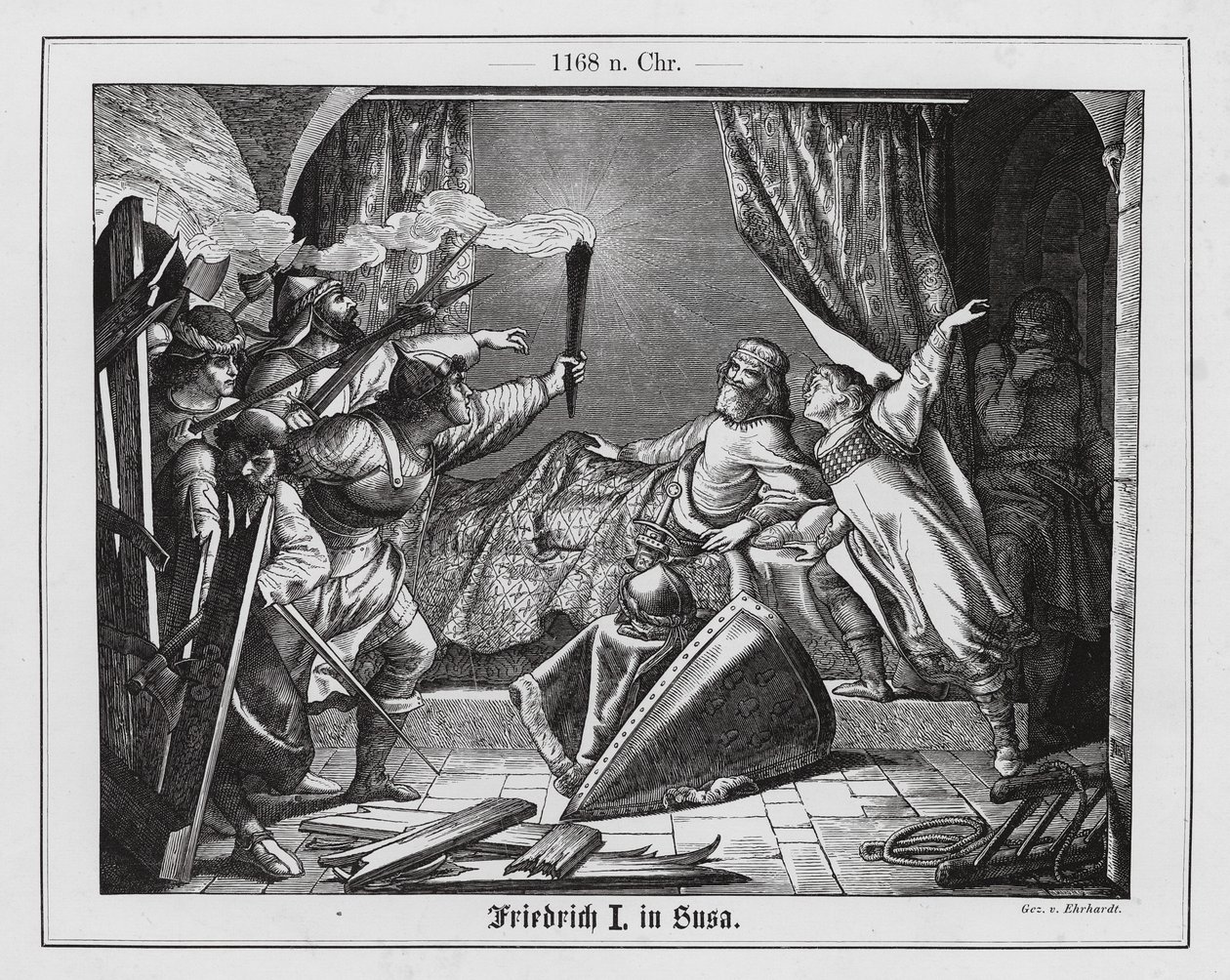 Hartmann of Siebenich disguised as Frederick Barbarossa to enable the Emperor to escape from Susa, Italy by Karl Ludwig Adolf Ehrhardt