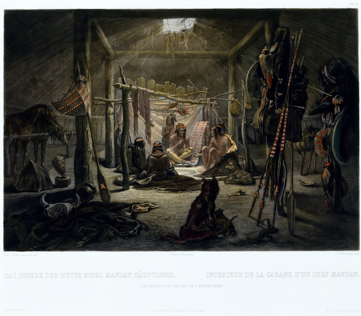 The Interior of the Hut of a Mandan Chief, engraved by Narcisse Edmond Desmadryl, c.1835 by Karl after Bodmer