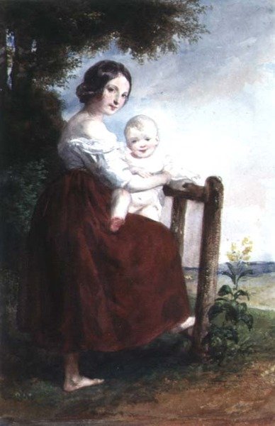 Girl holding a Baby: Landscape Background by Karoly or Charles Brocky