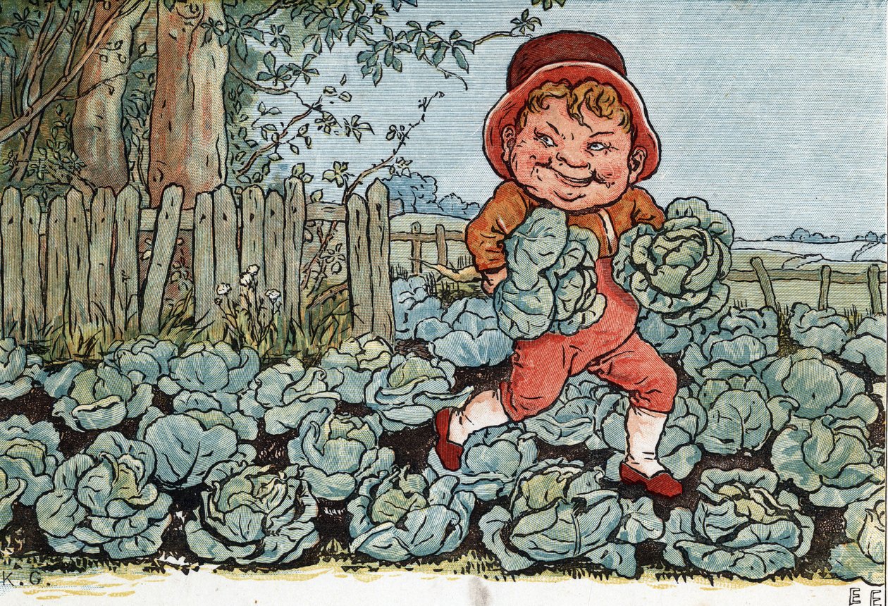 A gnome steals cabbage from a vegetable garden. Illustration by Kate Greenaway (1846-1901) from the book of tales and nursery rhymes for children "Under The Window" (1879), edited by Edmund Evans by Kate Greenaway
